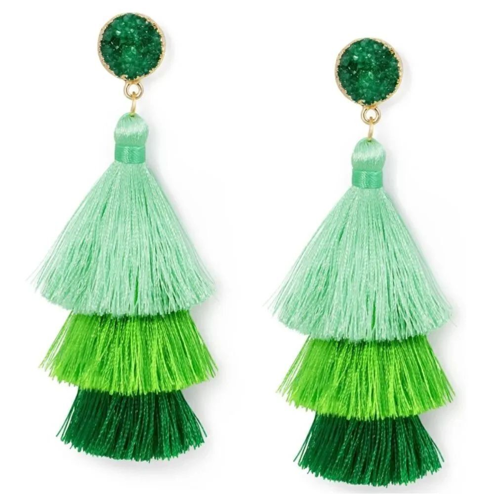 14K Yellow Gold with Green Ombre Silk Thread Tassel and Quartz Druzy Earrings